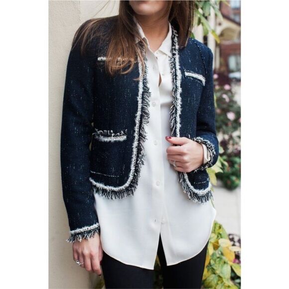 Rebecca Taylor Rio Fringe-Trim Tweed Jacket Navy Blue - Picture 1 of 7